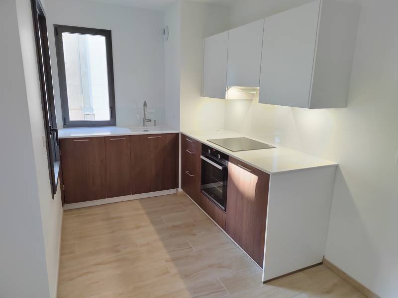 Conception d'une petite cuisine aspect chêne noyer dans un appartement à Valence